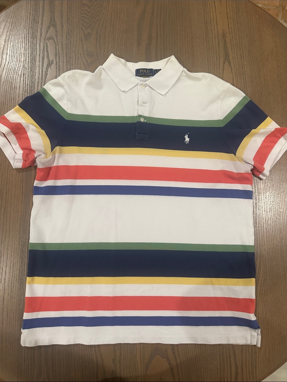 Ralph Lauren White Polo Shirt with Navy, Green, Red, Yellow and Blue Stripes